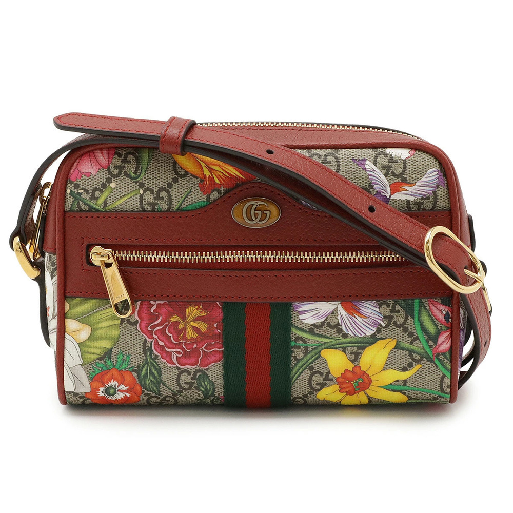 Gucci Ophidia GG Flora Flower Sherry Shoulder Bag Leather Red Beige Cream